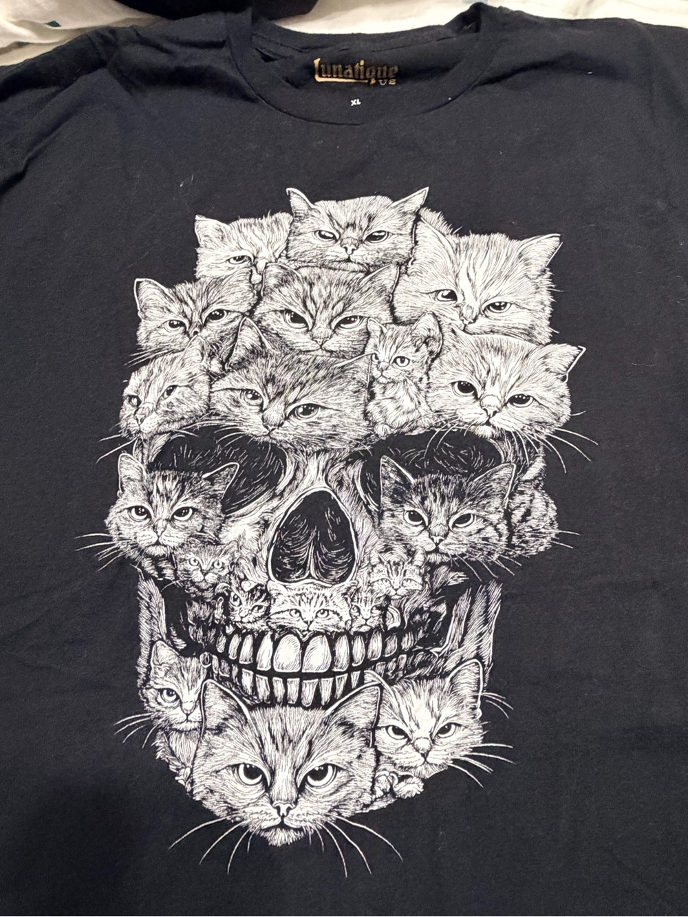 Black Short-Sleeve Tee with White Cat Skull Graphic - Picture 3 of 5